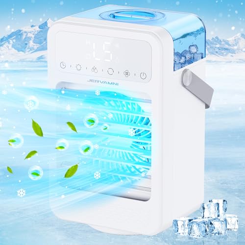 Mobiles Klimagerät, Mini Klimaanlage Mobil Luftkühler Verdunstungskühler mit Wasserkühlung USB Ventilator mit 3 Windmodi, 5 Stufen, 90° Oszillation, LCD-Display - Schnelle Kühlung für Kleine Räume